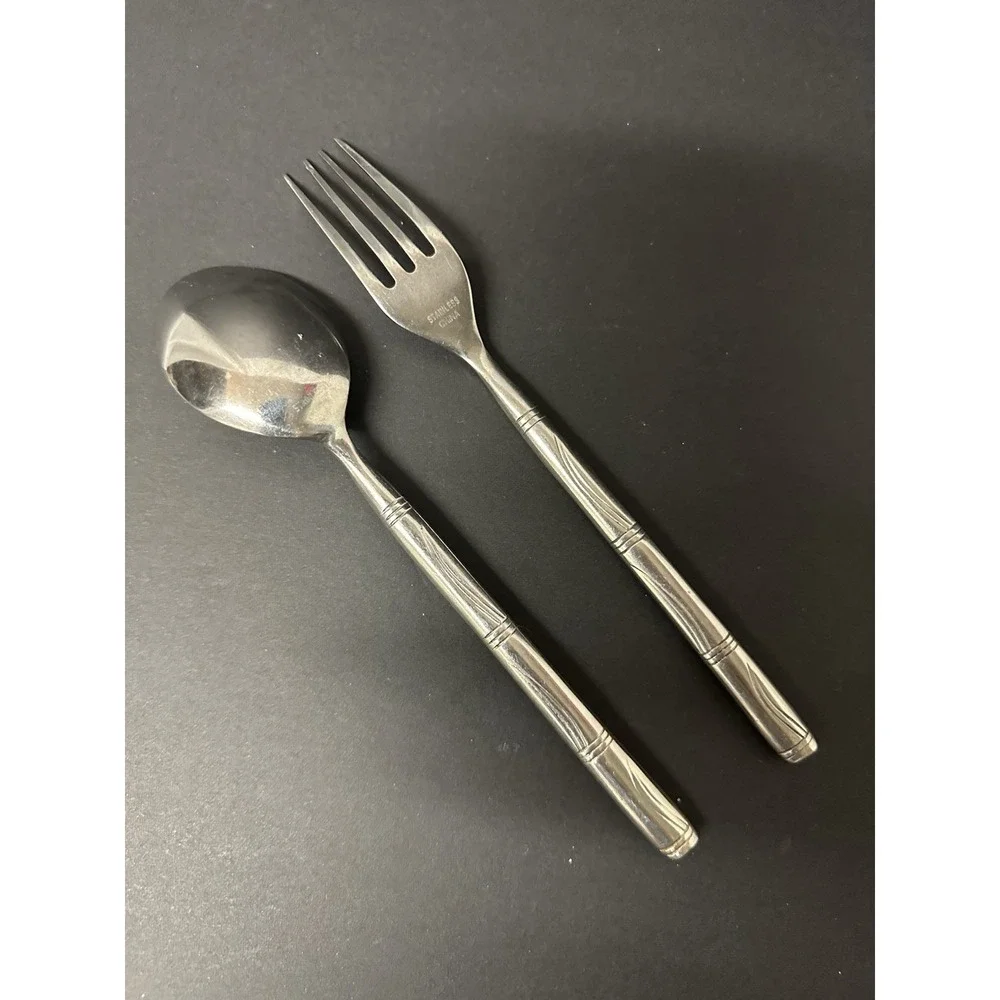 Stainless Soup Spoon & Dinner Fork Set Horizontal Bands Wavy Lines Bamboo-Like